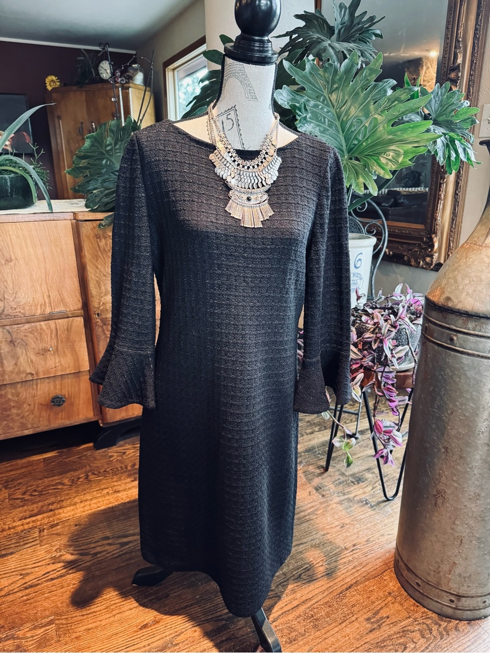 St. John Black Textured Midi Dress with Bell Sleeves